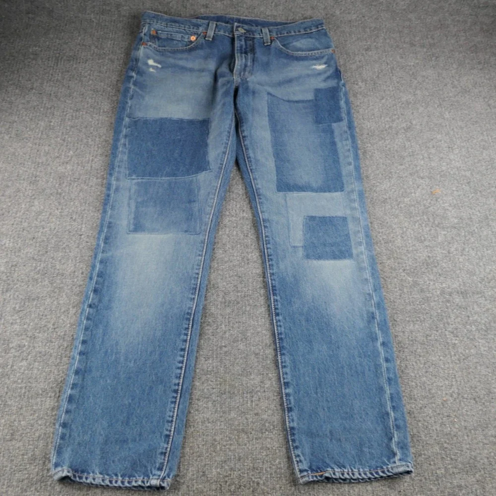 Levis Premium 511 Mens Jeans 34x32 Blue Slim Patchwork Print Distressed Stretch